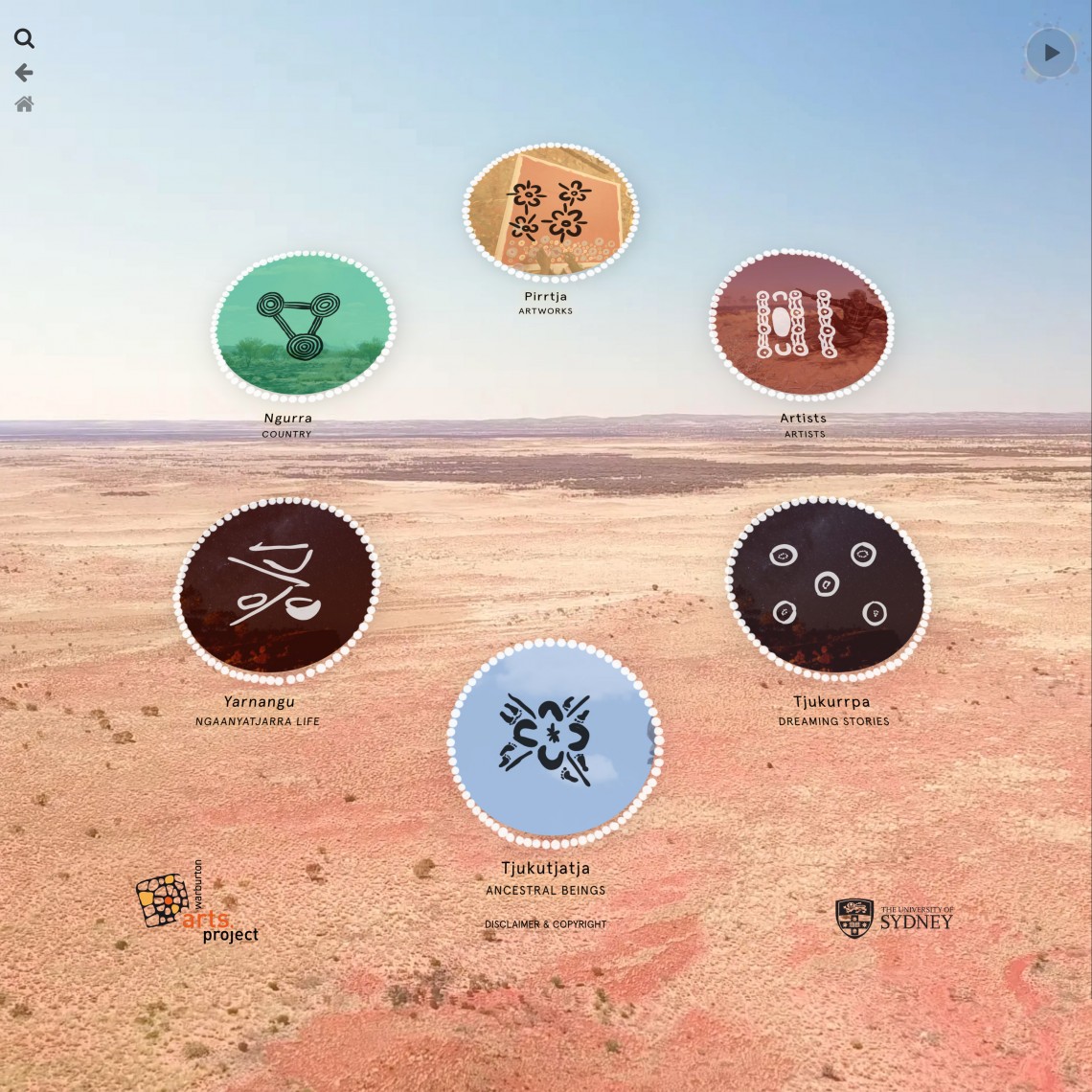 Landing page showing icons and an aerial landscape towards Warburton